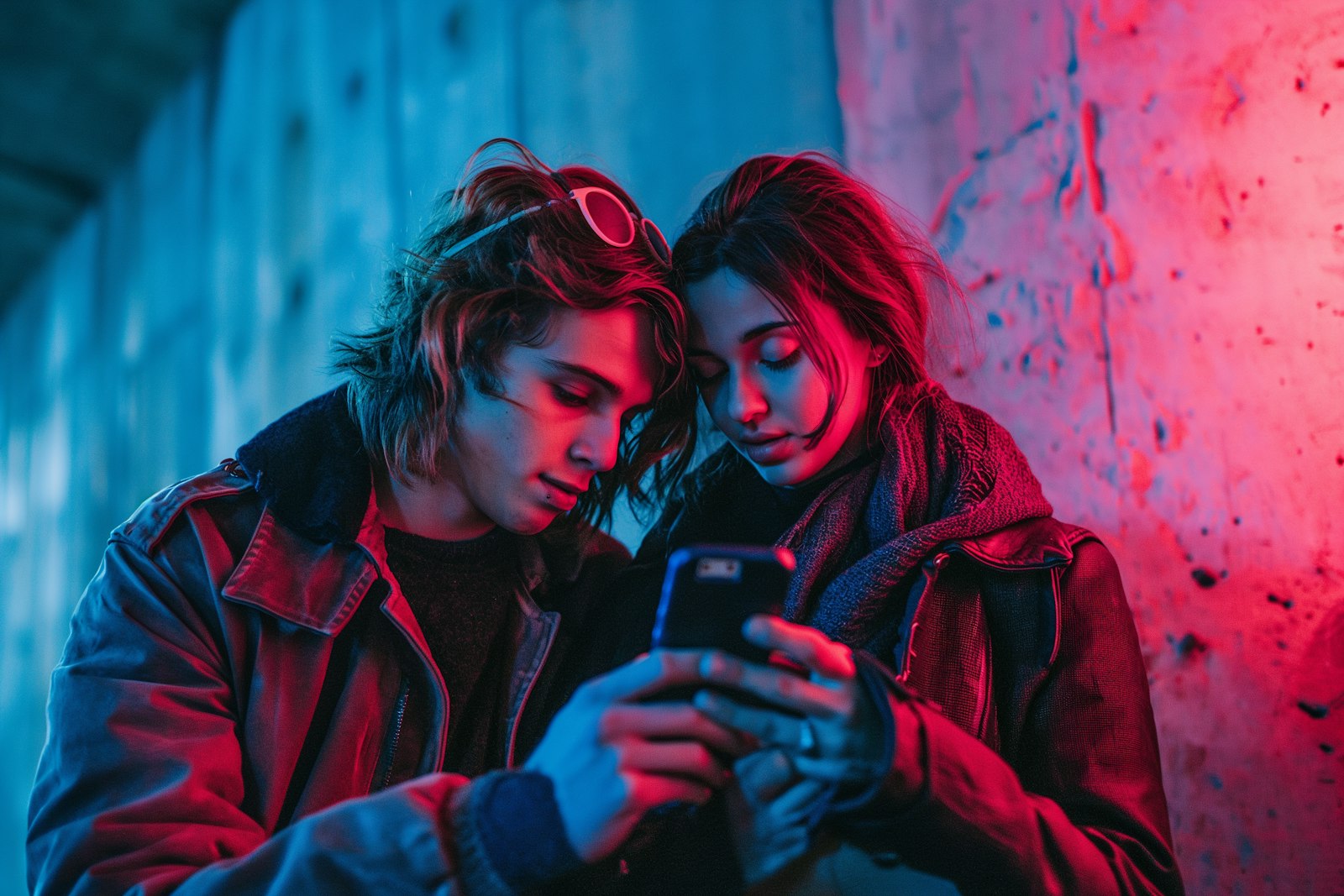 Young couple in neon lights, sharing a moment over a smartphone. Urban vibe with vibrant blue and pink hues.